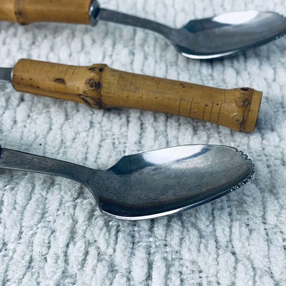 3 Grapefruit Spoons Tan Bamboo Handle Serrated Stainless Tiki Boho Japan Vintage